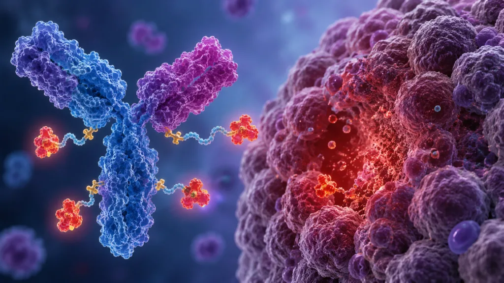 Antibody-drug conjugates pair tumor-targeting antibodies with potent cytotoxic payloads, but their clinical performance increasingly depends on linker stability, drug-to-antibody ratio, payload design and behavior within heterogeneous tumors. Representative image.