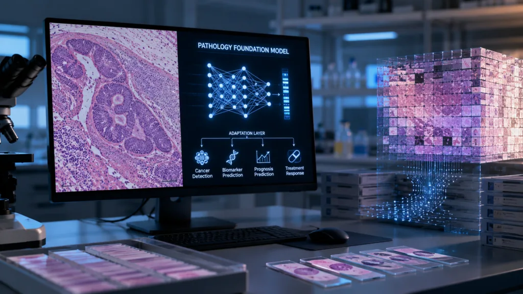 Pathology foundation models trained on millions of tissue images could transform digital pathology by providing reusable artificial intelligence systems for cancer detection, biomarker prediction and prognosis, challenging the traditional one-algorithm-per-task approach to diagnostic development. Representative image.