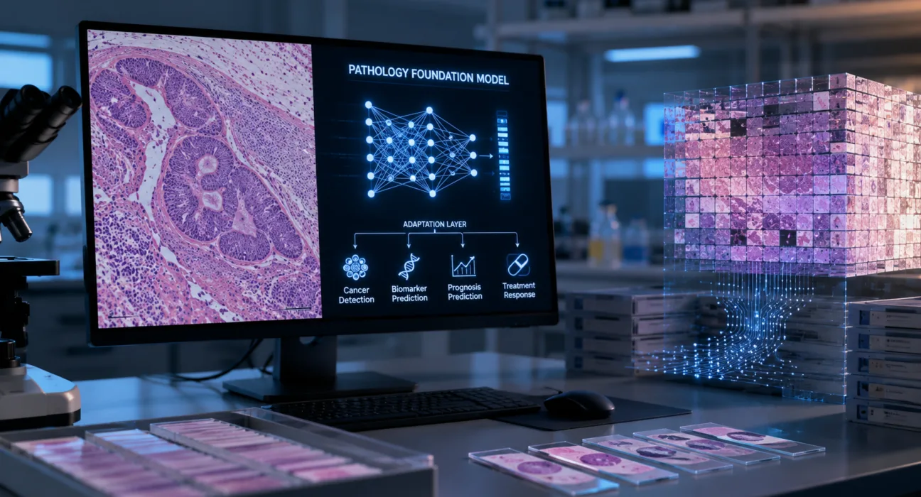 Pathology foundation models trained on millions of tissue images could transform digital pathology by providing reusable artificial intelligence systems for cancer detection, biomarker prediction and prognosis, challenging the traditional one-algorithm-per-task approach to diagnostic development. Representative image.