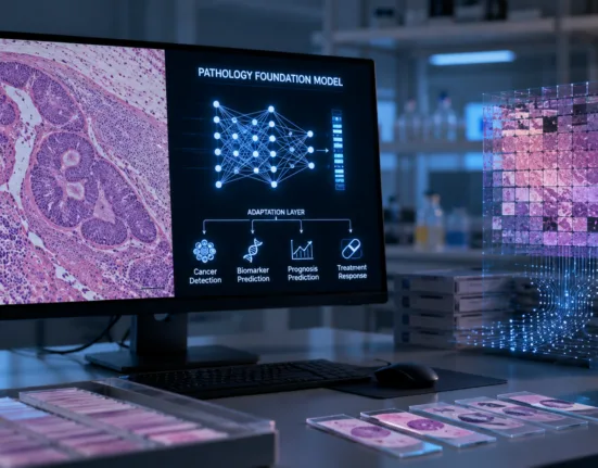 Pathology foundation models trained on millions of tissue images could transform digital pathology by providing reusable artificial intelligence systems for cancer detection, biomarker prediction and prognosis, challenging the traditional one-algorithm-per-task approach to diagnostic development. Representative image.
