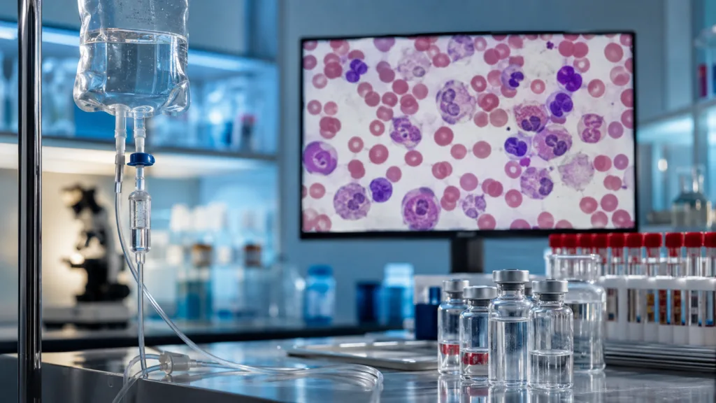 An acute myeloid leukemia research setting illustrates Moleculin Biotech’s Annamycin trial and its 37% blinded remission signal in resistant AML after venetoclax treatment. Representative image.