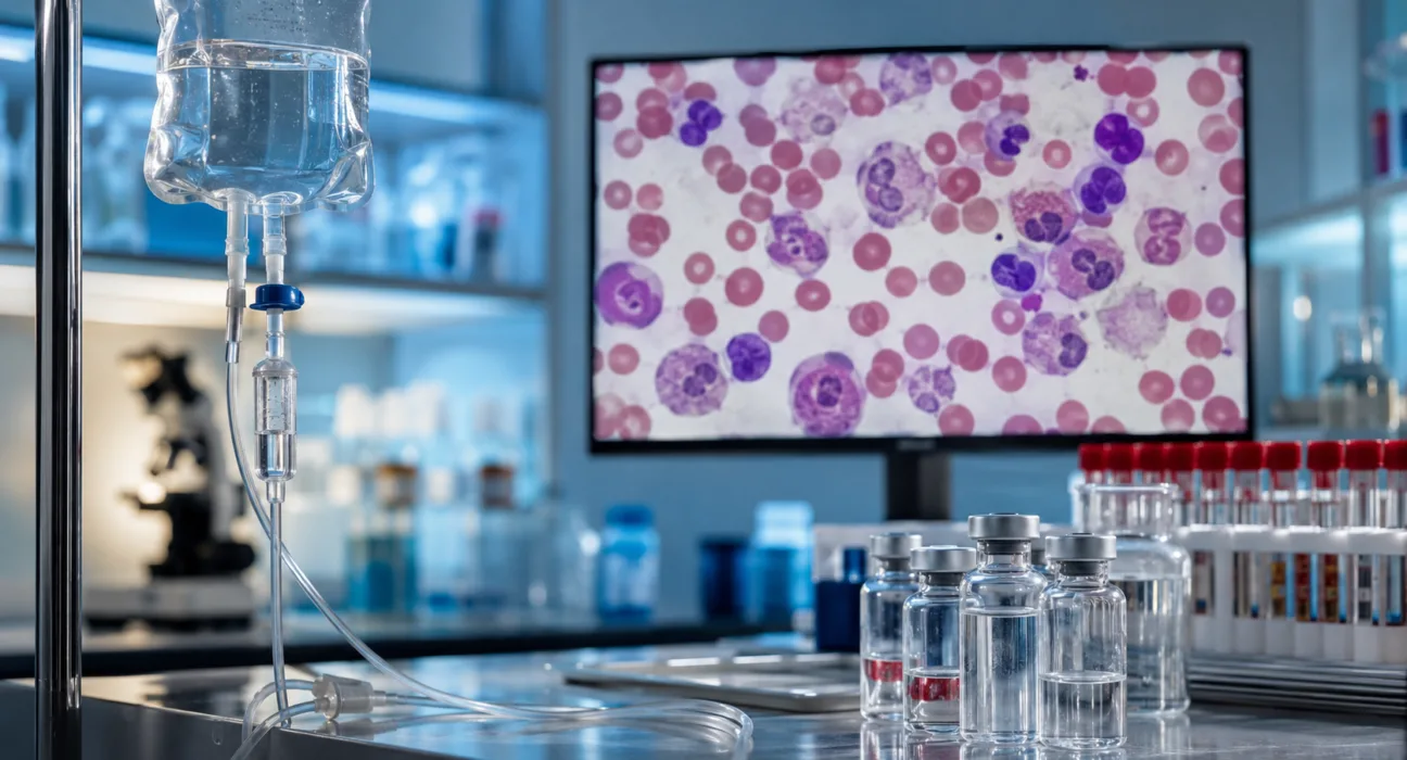 An acute myeloid leukemia research setting illustrates Moleculin Biotech’s Annamycin trial and its 37% blinded remission signal in resistant AML after venetoclax treatment. Representative image.
