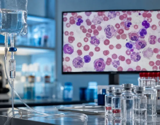 An acute myeloid leukemia research setting illustrates Moleculin Biotech’s Annamycin trial and its 37% blinded remission signal in resistant AML after venetoclax treatment. Representative image.