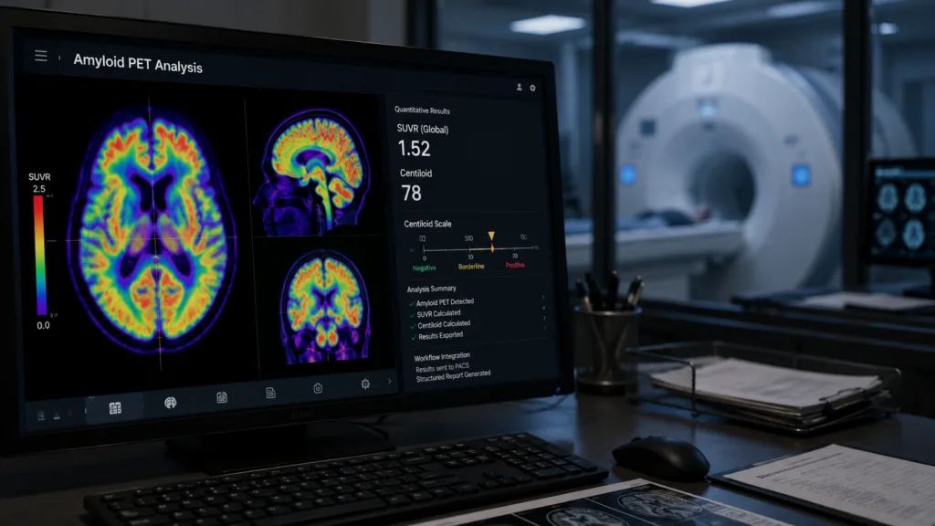 Cortechs.ai’s NeuroQuant PET automates amyloid PET quantification, generating SUVR and Centiloid measurements and integrating structured results into imaging workflows to support more standardized neurological assessment. Representative image.