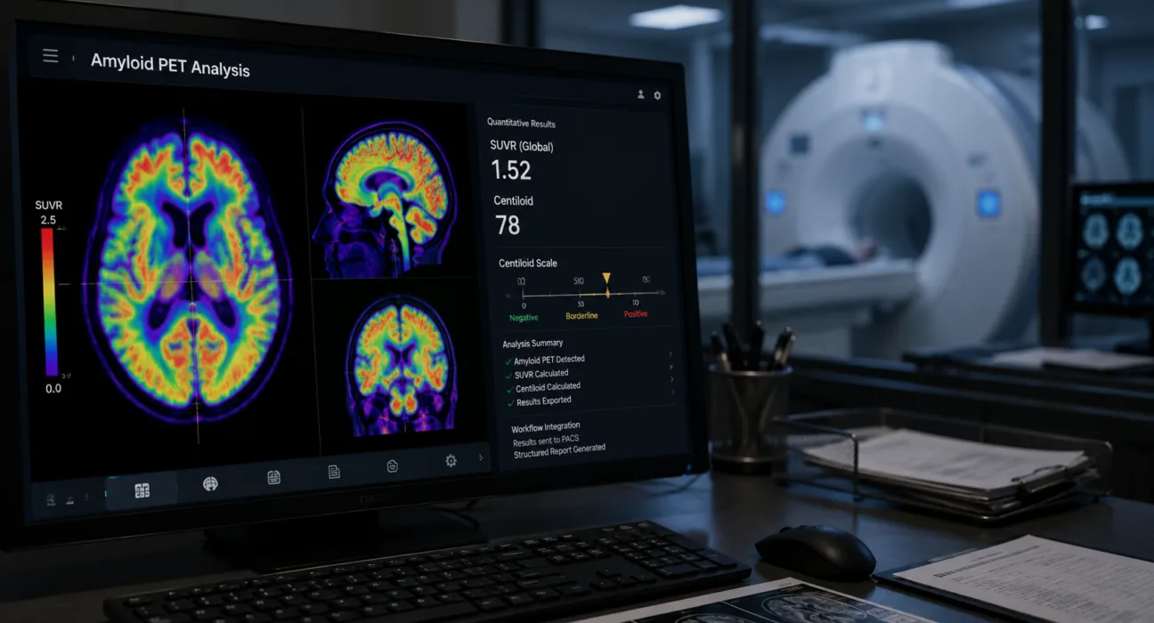 Cortechs.ai’s NeuroQuant PET automates amyloid PET quantification, generating SUVR and Centiloid measurements and integrating structured results into imaging workflows to support more standardized neurological assessment. Representative image.
