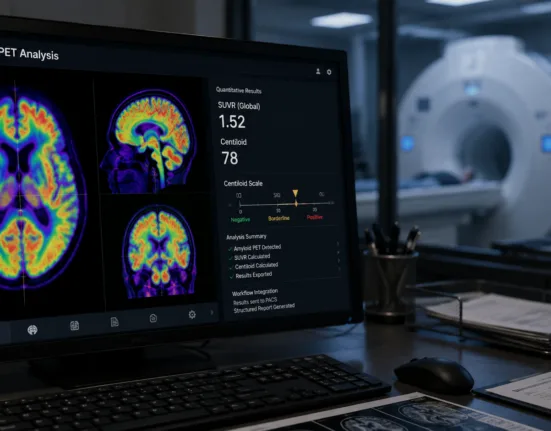 Cortechs.ai’s NeuroQuant PET automates amyloid PET quantification, generating SUVR and Centiloid measurements and integrating structured results into imaging workflows to support more standardized neurological assessment. Representative image.