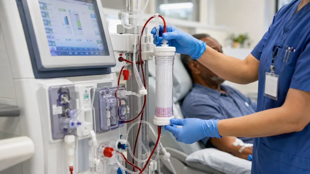 Nipro Corporation’s FDA-cleared ELISIO-HX dialyzer has launched in the United States, bringing medium cut-off membrane technology designed to remove larger uremic toxins through existing hemodialysis equipment and clinical workflows. Representative image.