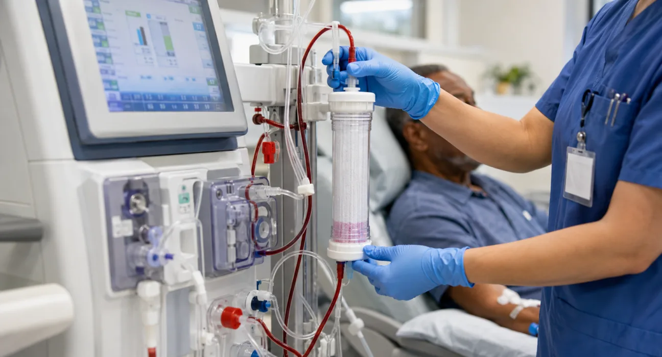 Nipro Corporation’s FDA-cleared ELISIO-HX dialyzer has launched in the United States, bringing medium cut-off membrane technology designed to remove larger uremic toxins through existing hemodialysis equipment and clinical workflows. Representative image.