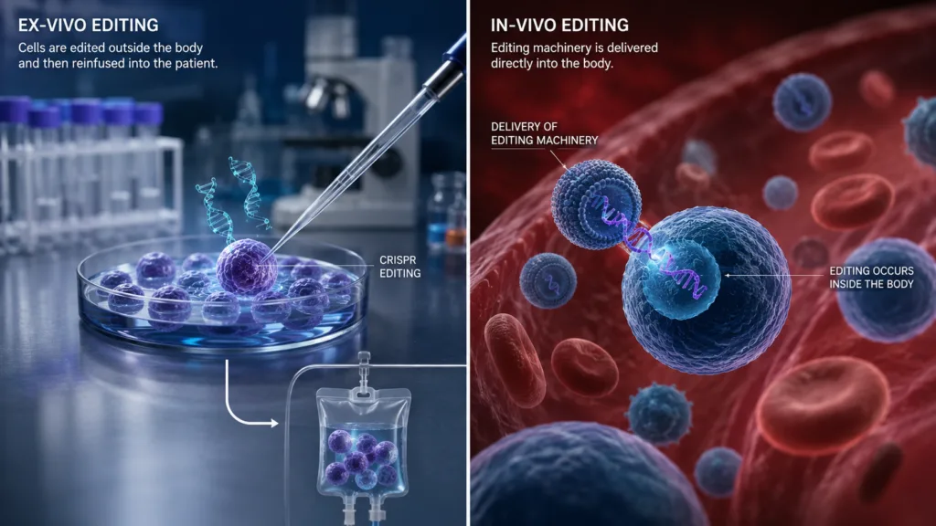 Ex-vivo CRISPR gene editing modifies a patient’s cells outside the body before reinfusion, while in-vivo CRISPR delivers gene-editing machinery directly into the patient, highlighting the trade-off between potentially simpler treatment and the harder challenge of controlling where and how editing occurs. Representative image.