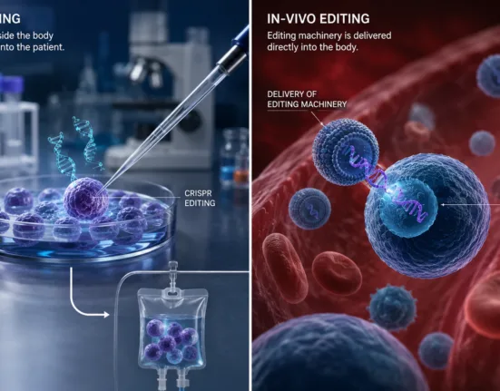 Ex-vivo CRISPR gene editing modifies a patient’s cells outside the body before reinfusion, while in-vivo CRISPR delivers gene-editing machinery directly into the patient, highlighting the trade-off between potentially simpler treatment and the harder challenge of controlling where and how editing occurs. Representative image.