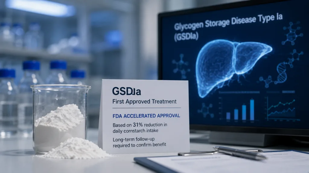 FDA accelerated approval makes Genglycos the first treatment for glycogen storage disease type Ia, based on a 31% reduction in daily cornstarch intake, with long-term follow-up now needed to confirm the clinical benefit. Representative image.