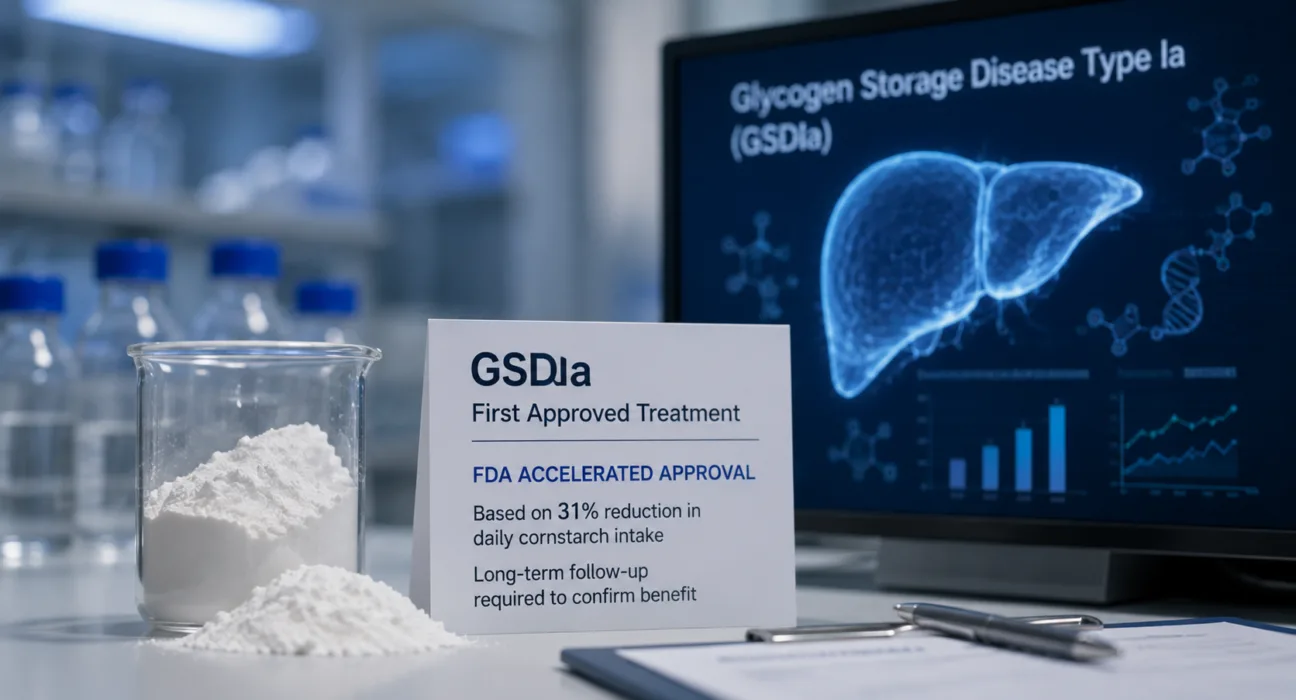 FDA accelerated approval makes Genglycos the first treatment for glycogen storage disease type Ia, based on a 31% reduction in daily cornstarch intake, with long-term follow-up now needed to confirm the clinical benefit. Representative image.