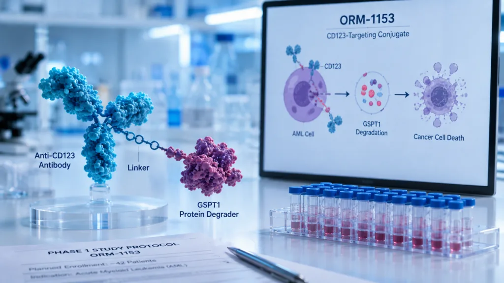 Orum’s ORM-1153 is moving toward an approximately 42-patient Phase 1 study after FDA clearance, testing whether a CD123-targeting conjugate can selectively deliver a GSPT1 protein degrader into acute myeloid leukemia cells and translate targeted protein degradation into a new precision-oncology strategy. Representative image.