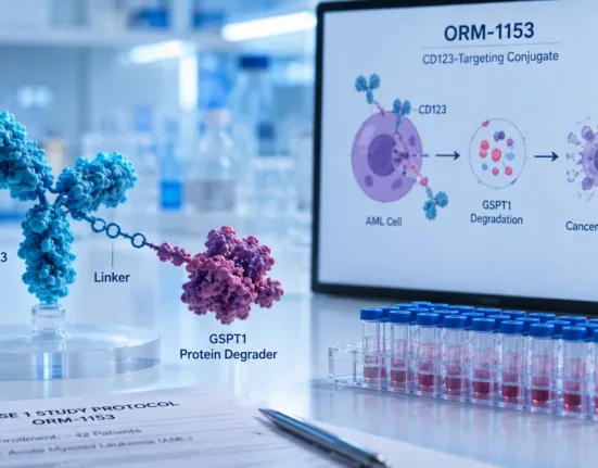 Orum’s ORM-1153 is moving toward an approximately 42-patient Phase 1 study after FDA clearance, testing whether a CD123-targeting conjugate can selectively deliver a GSPT1 protein degrader into acute myeloid leukemia cells and translate targeted protein degradation into a new precision-oncology strategy. Representative image.