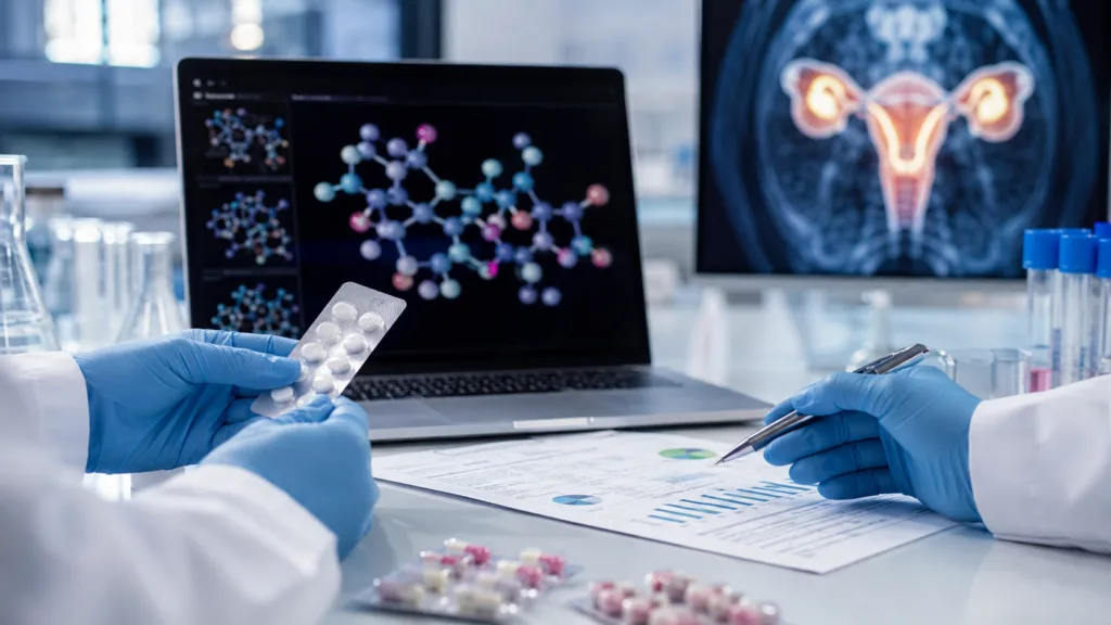 A representative image illustrating PMV Pharmaceuticals’ rezatapopt ovarian cancer program as registrational Phase 2 enrollment completes and the company targets a first-quarter 2027 accelerated approval filing for TP53 Y220C-mutant disease.