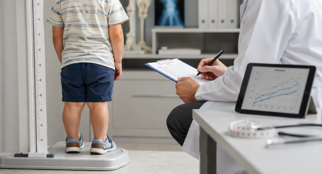 A representative image illustrating pediatric growth monitoring as Ascendis Pharma’s weekly navepegritide and lonapegsomatropin combination sustains a 7.7-centimeter annualized growth rate through 78 weeks in children with achondroplasia.