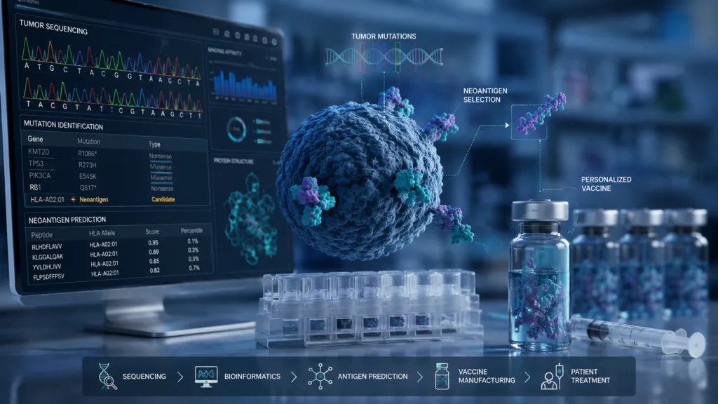 Personalized neoantigen vaccines use tumor sequencing and computational prediction to identify patient-specific mutations, turning each cancer’s molecular fingerprint into a custom immunotherapy while putting speed, manufacturing and treatment-window logistics at the center of the challenge. Representative image.