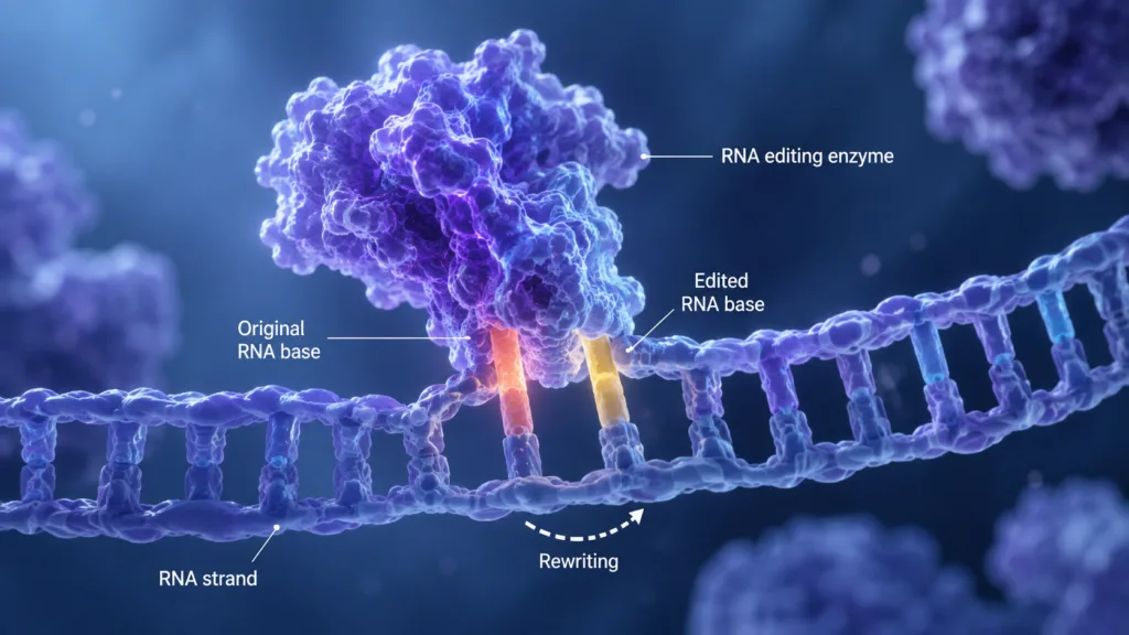 Therapeutic RNA editing recruits naturally occurring enzymes to rewrite individual RNA letters without permanently altering genomic DNA, offering a reversible alternative to permanent gene editing while potentially simplifying long-term risk management. Representative image.