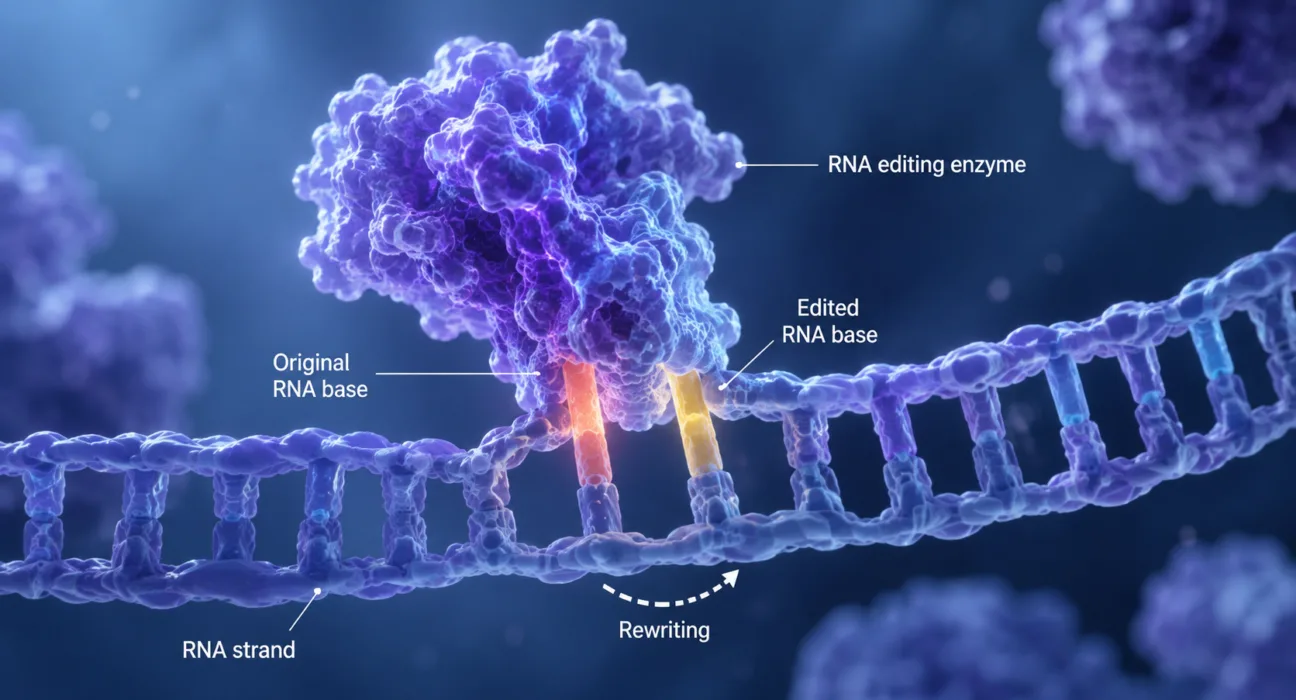 Therapeutic RNA editing recruits naturally occurring enzymes to rewrite individual RNA letters without permanently altering genomic DNA, offering a reversible alternative to permanent gene editing while potentially simplifying long-term risk management. Representative image.