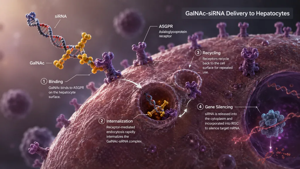 GalNAc-siRNA delivery exploits rapidly recycling receptors on hepatocytes to achieve efficient, durable gene silencing after subcutaneous dosing, while the next major challenge for RNA therapeutics is extending comparable delivery performance beyond the liver. Representative image.