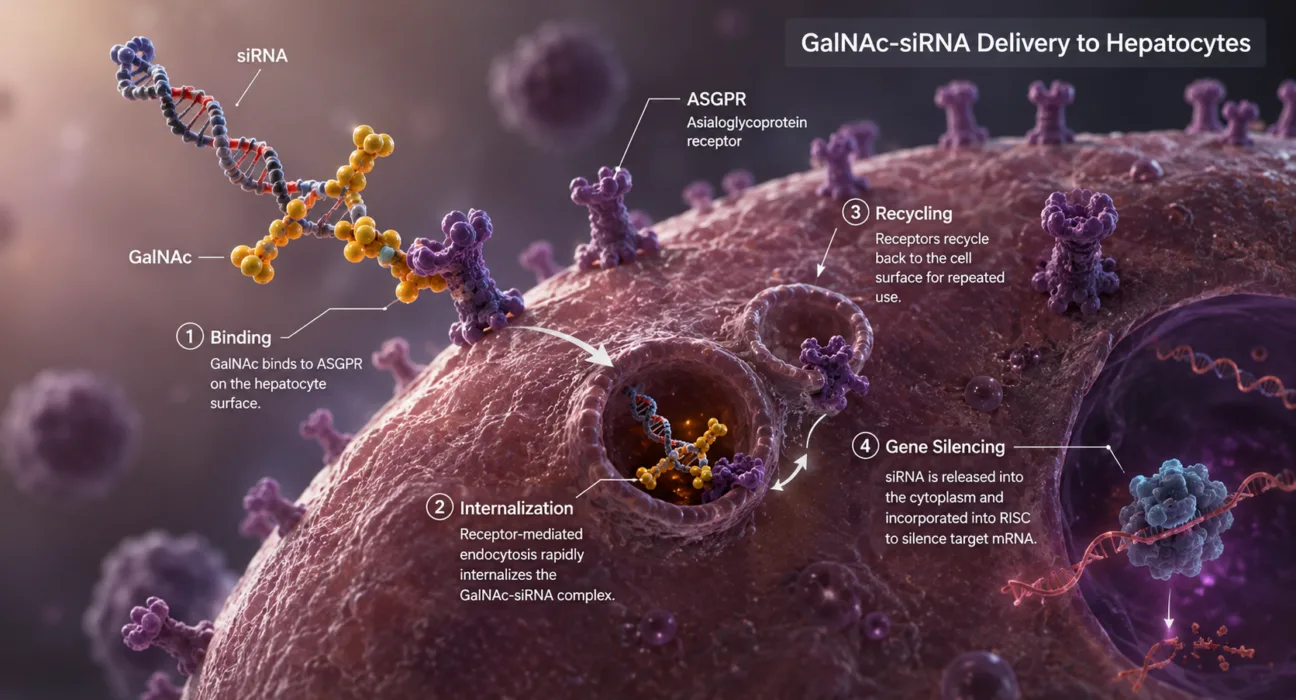 GalNAc-siRNA delivery exploits rapidly recycling receptors on hepatocytes to achieve efficient, durable gene silencing after subcutaneous dosing, while the next major challenge for RNA therapeutics is extending comparable delivery performance beyond the liver. Representative image.