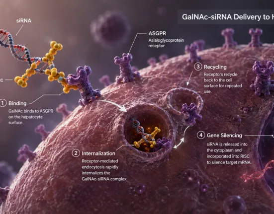 GalNAc-siRNA delivery exploits rapidly recycling receptors on hepatocytes to achieve efficient, durable gene silencing after subcutaneous dosing, while the next major challenge for RNA therapeutics is extending comparable delivery performance beyond the liver. Representative image.