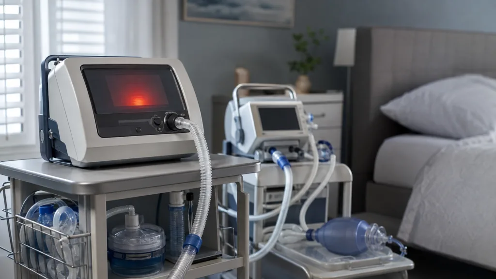 A home mechanical ventilation setup highlights the FDA Class I recall affecting certain Resmed Astral 100 and Astral 150 ventilators following reports of sudden therapy interruption and serious injuries. Representative image.