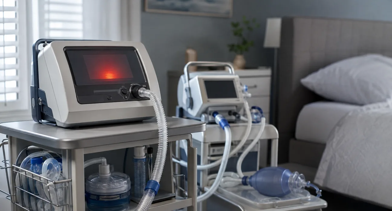 A home mechanical ventilation setup highlights the FDA Class I recall affecting certain Resmed Astral 100 and Astral 150 ventilators following reports of sudden therapy interruption and serious injuries. Representative image.