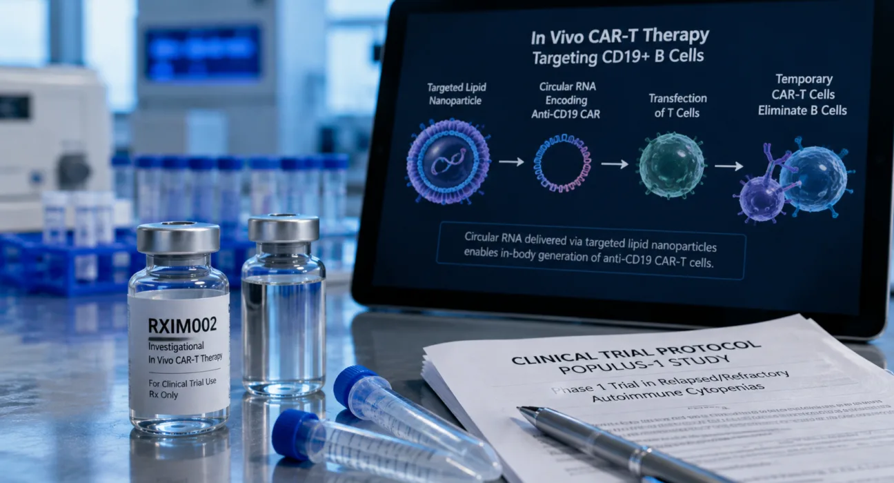 RiboX Therapeutics’ RXIM002 has received FDA investigational clearance for the Phase 1 POPULUS-1 trial, advancing a circular RNA-based in vivo CAR-T approach targeting CD19-positive B cells in autoimmune disease. Representative image.