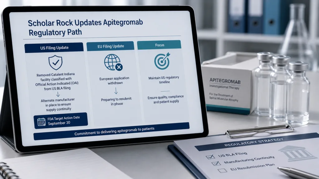 Scholar Rock has preserved apitegromab’s September 30 FDA target date by removing the OAI-classified Catalent Indiana facility from its US filing and shifting to an alternate manufacturer, while preparing to resubmit the European application. Representative image.