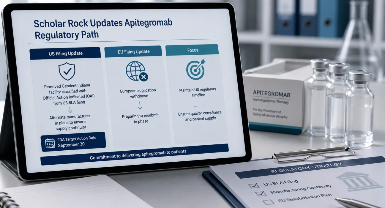 Scholar Rock has preserved apitegromab’s September 30 FDA target date by removing the OAI-classified Catalent Indiana facility from its US filing and shifting to an alternate manufacturer, while preparing to resubmit the European application. Representative image.