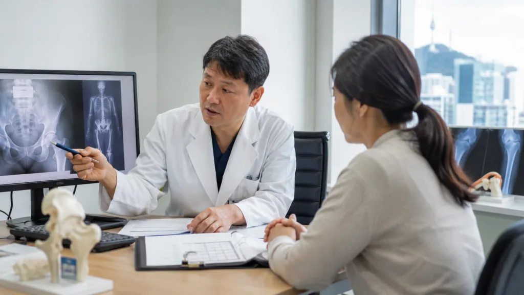A clinician reviews bone imaging with a patient as Soft Bones urges South Korea to widen hypophosphatasia treatment access and reconsider reimbursement rules that can restrict therapy for late-diagnosed adults with pediatric-onset HPP. Representative image.