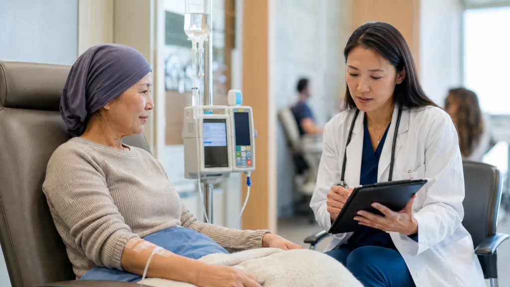 A patient receives hospital-based infusion therapy as Australia’s PBS listing of Minjuvi expands access to a chemotherapy-free immunotherapy combination for adults with relapsed or refractory follicular lymphoma. Representative image.