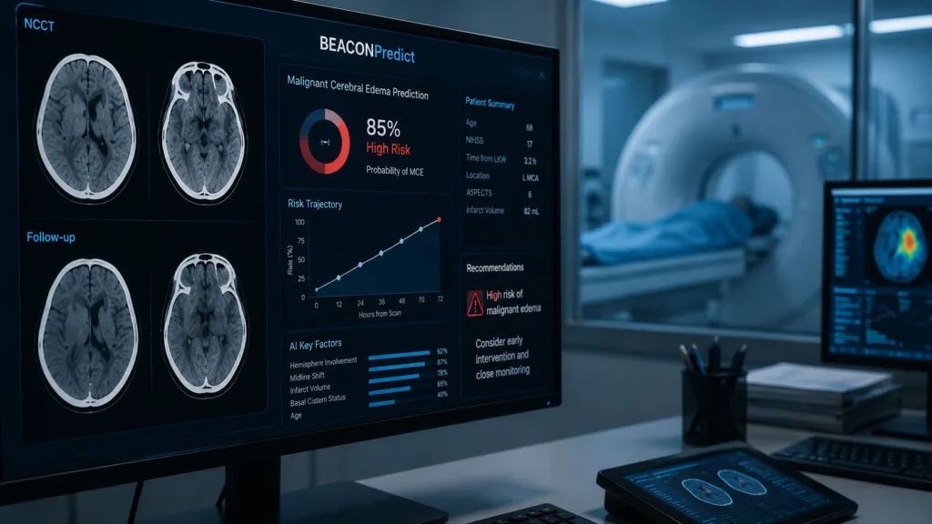 Artificial intelligence tools such as BEACONPredict are being studied for their ability to use routine CT scans to predict malignant cerebral edema before neurological deterioration, potentially enabling earlier intervention in high-risk stroke patients. Representative image.