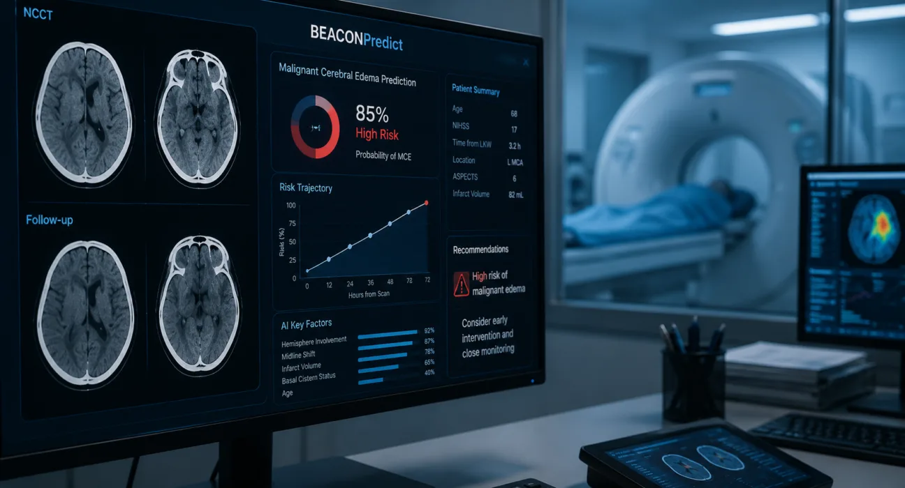 Artificial intelligence tools such as BEACONPredict are being studied for their ability to use routine CT scans to predict malignant cerebral edema before neurological deterioration, potentially enabling earlier intervention in high-risk stroke patients. Representative image.