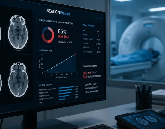 Artificial intelligence tools such as BEACONPredict are being studied for their ability to use routine CT scans to predict malignant cerebral edema before neurological deterioration, potentially enabling earlier intervention in high-risk stroke patients. Representative image.