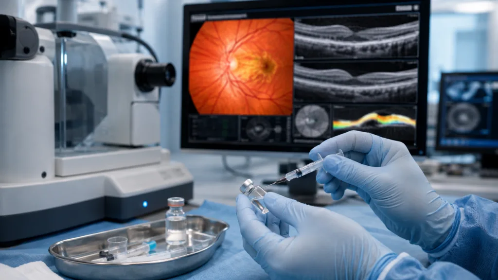 A representative image illustrating EyePoint, Inc.’s DURAVYU wet age-related macular degeneration program after the Phase 3 LUGANO trial missed its primary endpoint despite reducing supplemental treatment burden by 42%.