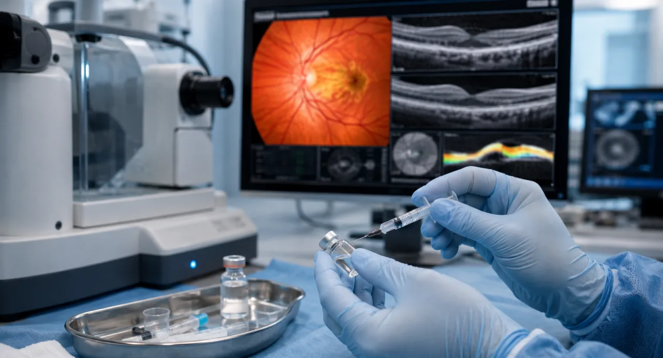 A representative image illustrating EyePoint, Inc.’s DURAVYU wet age-related macular degeneration program after the Phase 3 LUGANO trial missed its primary endpoint despite reducing supplemental treatment burden by 42%.
