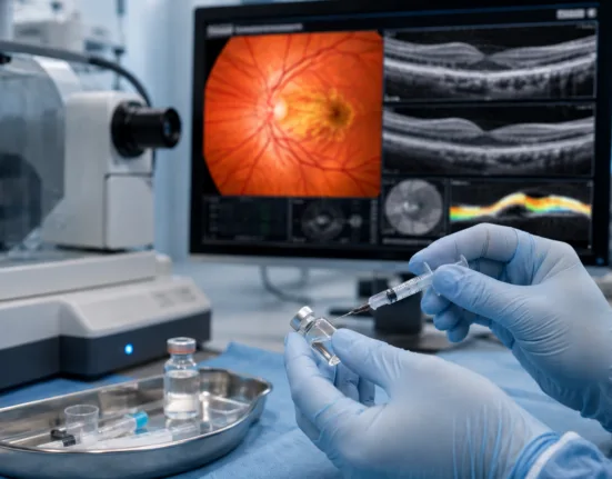 A representative image illustrating EyePoint, Inc.’s DURAVYU wet age-related macular degeneration program after the Phase 3 LUGANO trial missed its primary endpoint despite reducing supplemental treatment burden by 42%.
