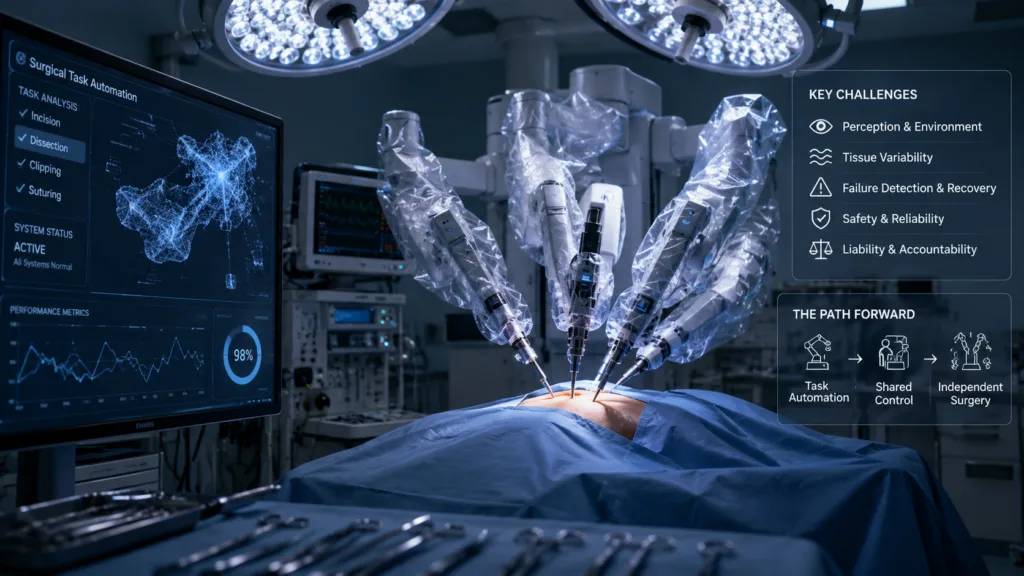 FDA-cleared surgical robots remain largely under direct human control, while emerging research systems are beginning to automate individual surgical tasks. The path toward independent robotic surgery now hinges on solving perception, tissue variability, failure recovery, safety and liability challenges. Representative image.