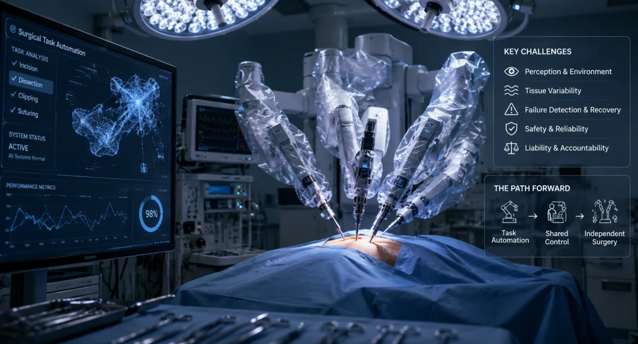 FDA-cleared surgical robots remain largely under direct human control, while emerging research systems are beginning to automate individual surgical tasks. The path toward independent robotic surgery now hinges on solving perception, tissue variability, failure recovery, safety and liability challenges. Representative image.