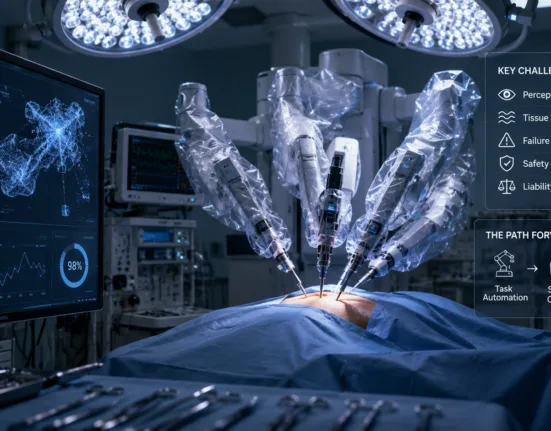 FDA-cleared surgical robots remain largely under direct human control, while emerging research systems are beginning to automate individual surgical tasks. The path toward independent robotic surgery now hinges on solving perception, tissue variability, failure recovery, safety and liability challenges. Representative image.