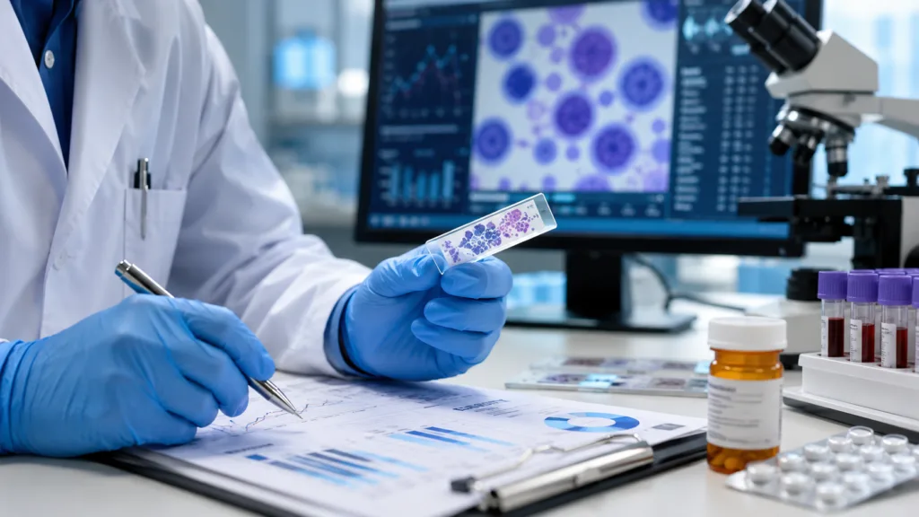 Representative image: Laboratory analysis of T-cell lymphoma samples as Corvus Pharmaceuticals reports durable soquelitinib responses in final Phase 1/1b data, supporting its ongoing pivotal Phase 3 peripheral T-cell lymphoma trial.