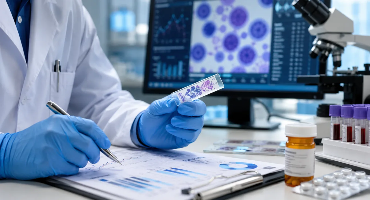 Representative image: Laboratory analysis of T-cell lymphoma samples as Corvus Pharmaceuticals reports durable soquelitinib responses in final Phase 1/1b data, supporting its ongoing pivotal Phase 3 peripheral T-cell lymphoma trial.