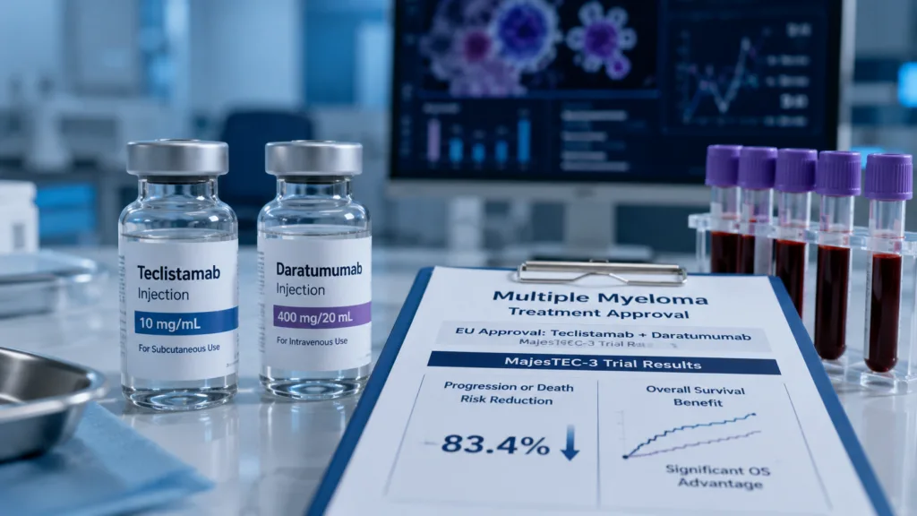 European approval of teclistamab plus daratumumab follows MajesTEC-3 results showing an 83.4% reduction in the risk of progression or death and a significant overall-survival advantage versus established multiple myeloma regimens. Representative image.