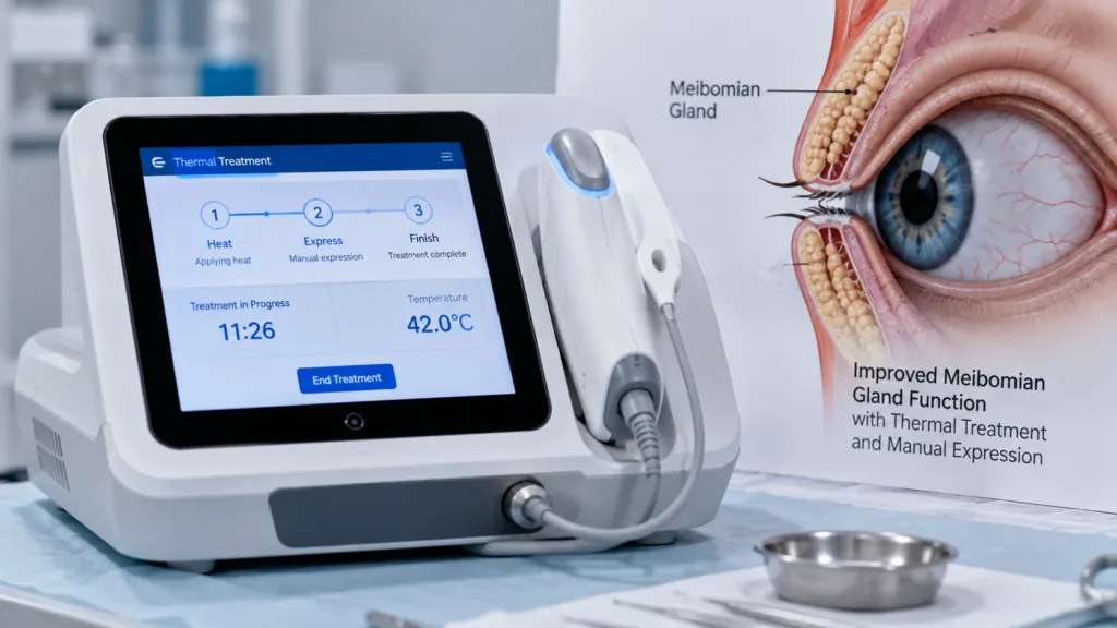 FDA’s updated TearCare indication states that the system improves meibomian gland function when thermal treatment is combined with manual gland expression, reinforcing its role in dry eye disease management. Representative image.