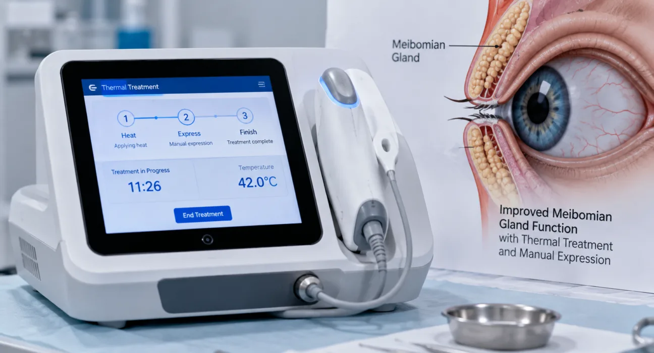 FDA’s updated TearCare indication states that the system improves meibomian gland function when thermal treatment is combined with manual gland expression, reinforcing its role in dry eye disease management. Representative image.