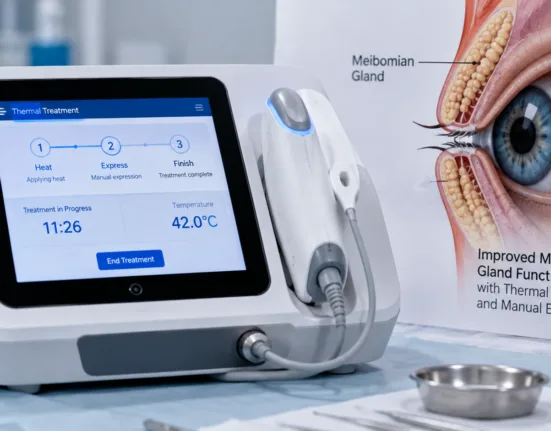 FDA’s updated TearCare indication states that the system improves meibomian gland function when thermal treatment is combined with manual gland expression, reinforcing its role in dry eye disease management. Representative image.