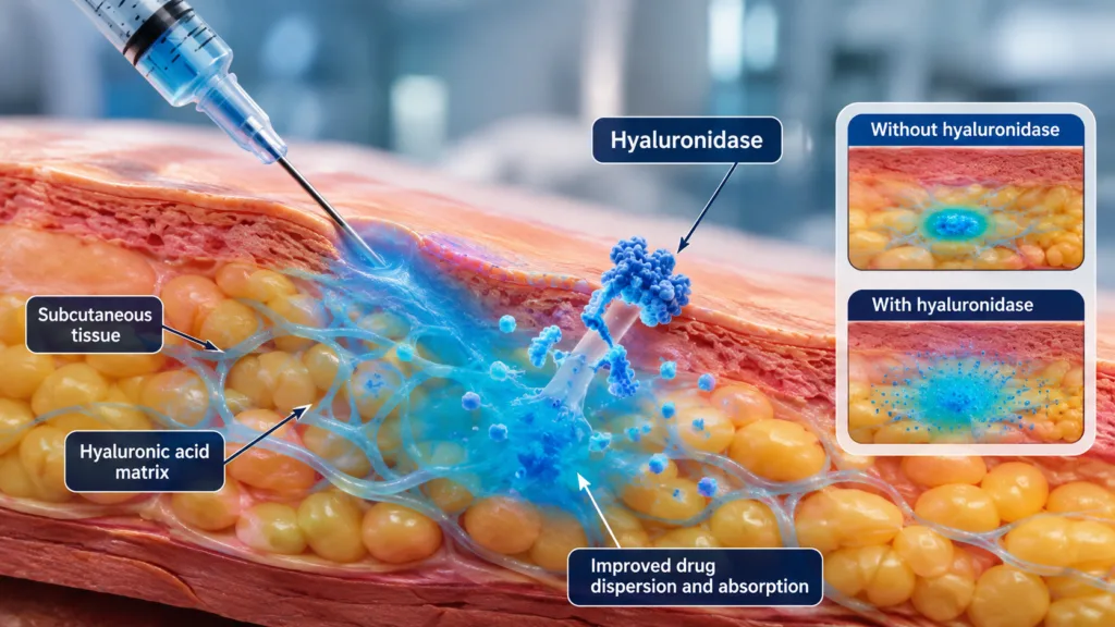 Hyaluronidase can temporarily loosen the hyaluronic acid-rich matrix in subcutaneous tissue, allowing large antibody doses to disperse and absorb from injection volumes that would otherwise be impractical and helping enable more convenient subcutaneous delivery of biologic medicines. Representative image.