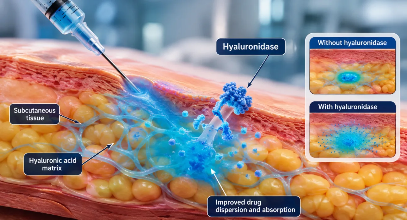 Hyaluronidase can temporarily loosen the hyaluronic acid-rich matrix in subcutaneous tissue, allowing large antibody doses to disperse and absorb from injection volumes that would otherwise be impractical and helping enable more convenient subcutaneous delivery of biologic medicines. Representative image.